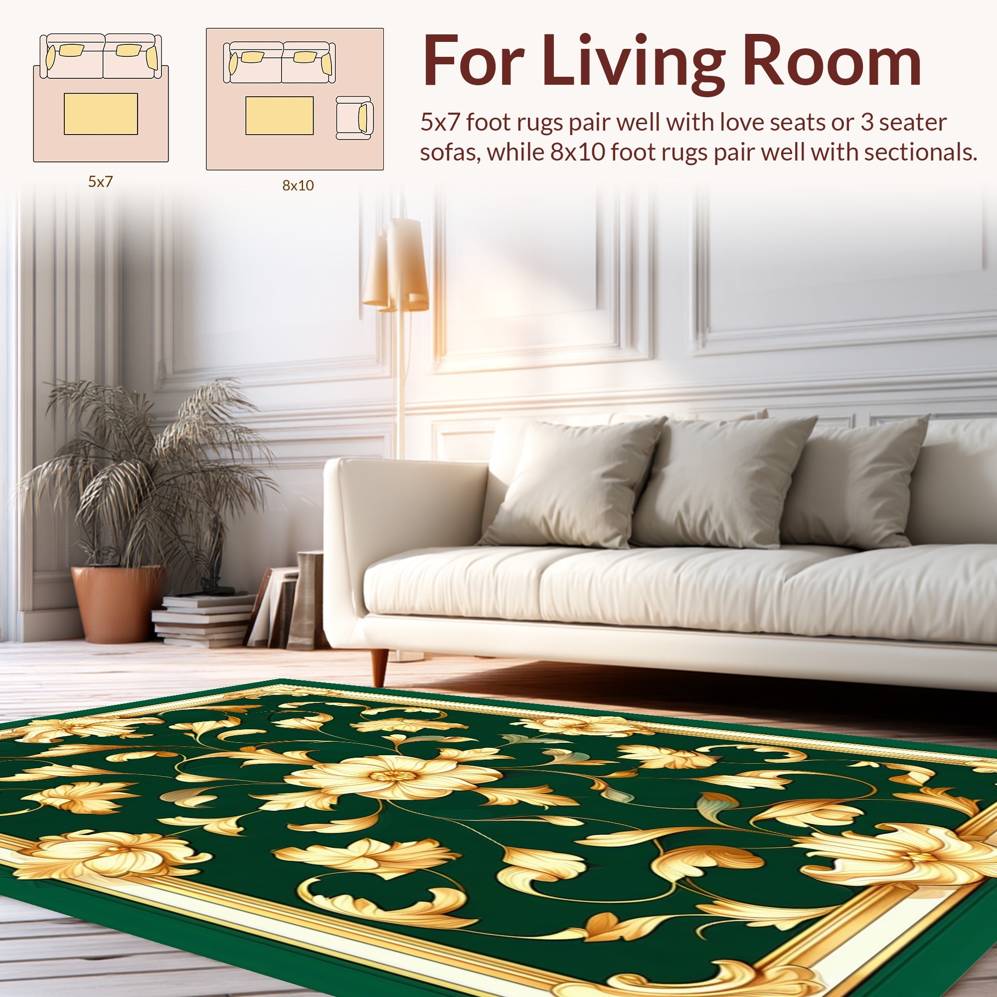 Gold Floral Scroll Patterned Design Rug
