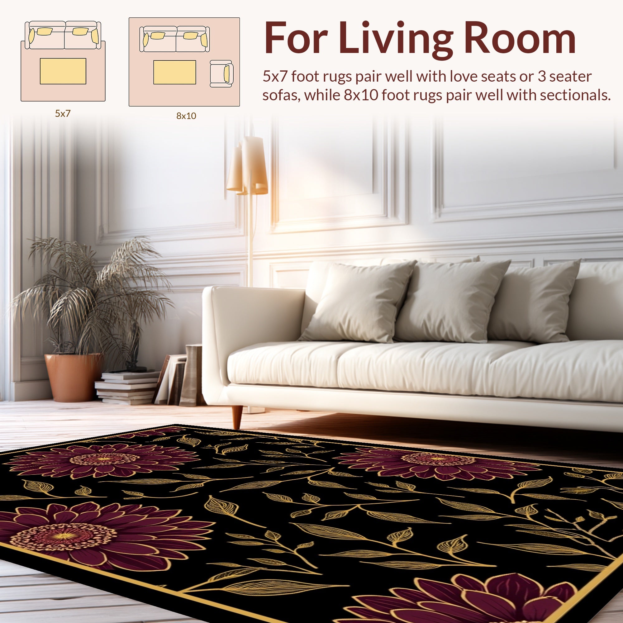 Maroon Floral Branches Pattern Rug