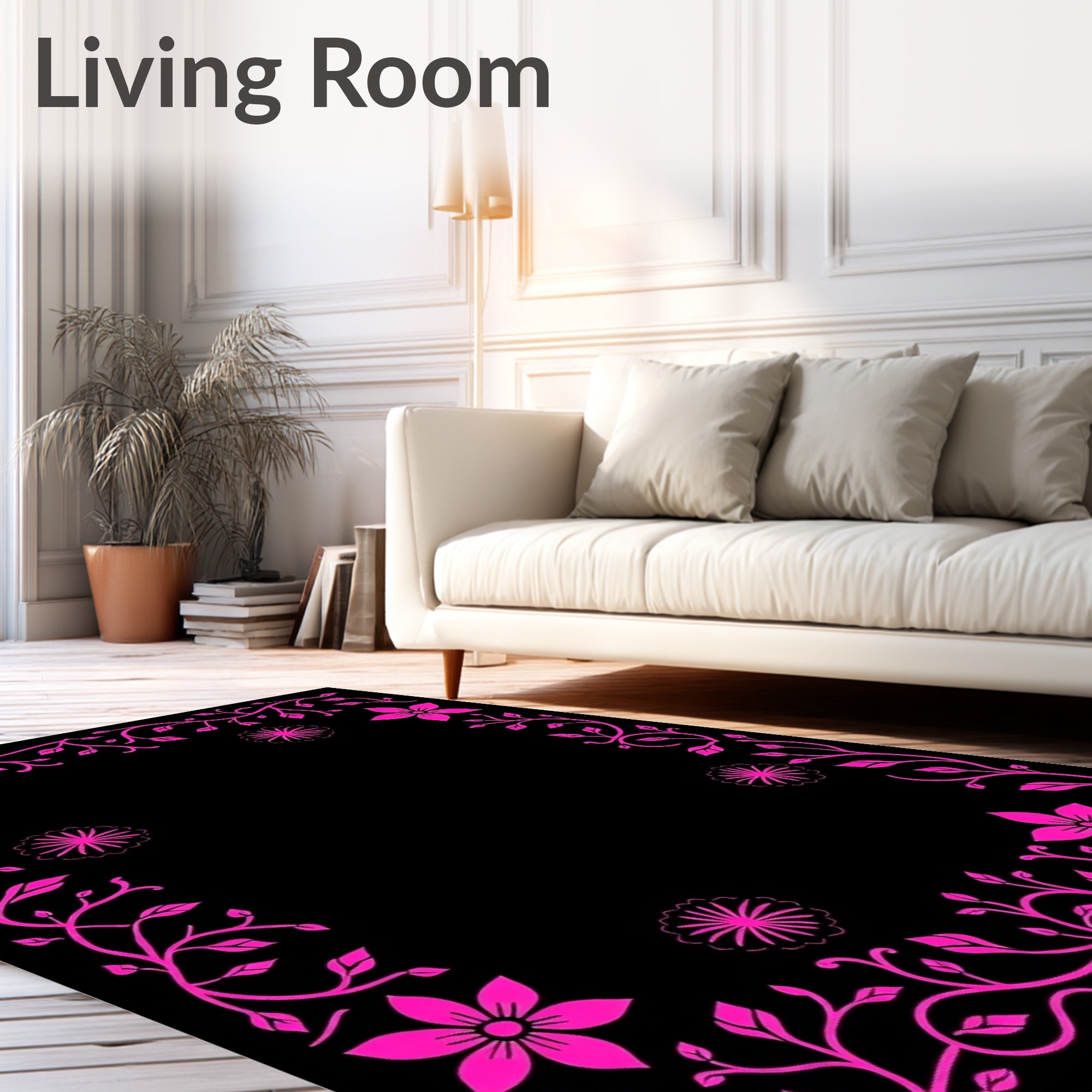 Vibrant Pink Floral Border Vines Rug