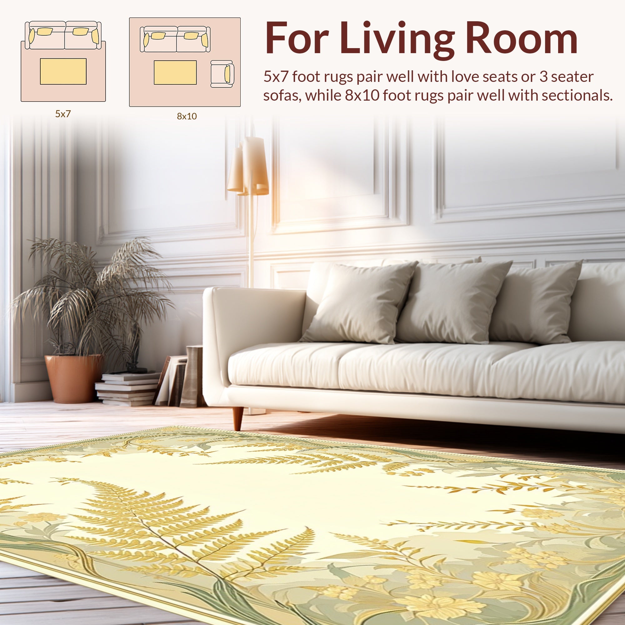 Golden Fern and Floral Vine Design Rug