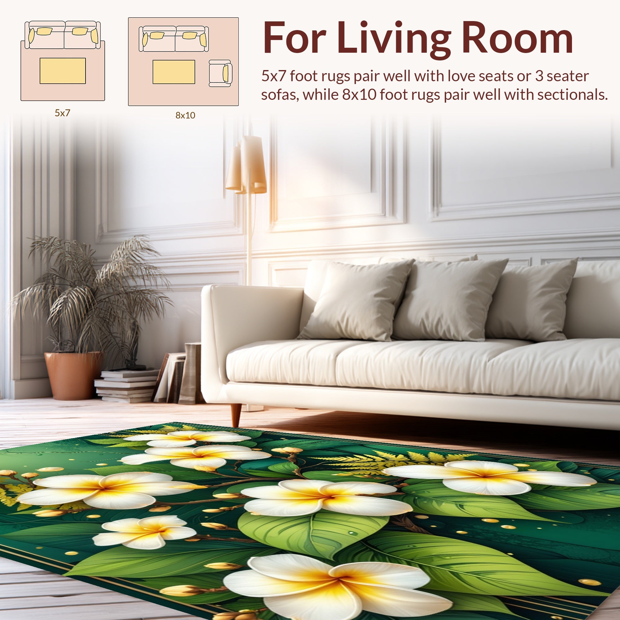 White Tropical Floral Lush Green Design Rug