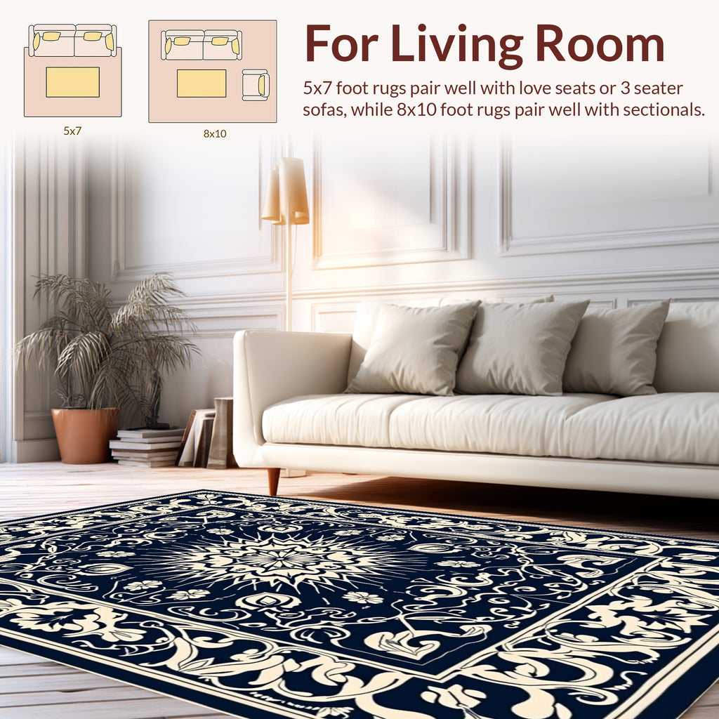 Intricate Floral Medallion Dark Blue Rug