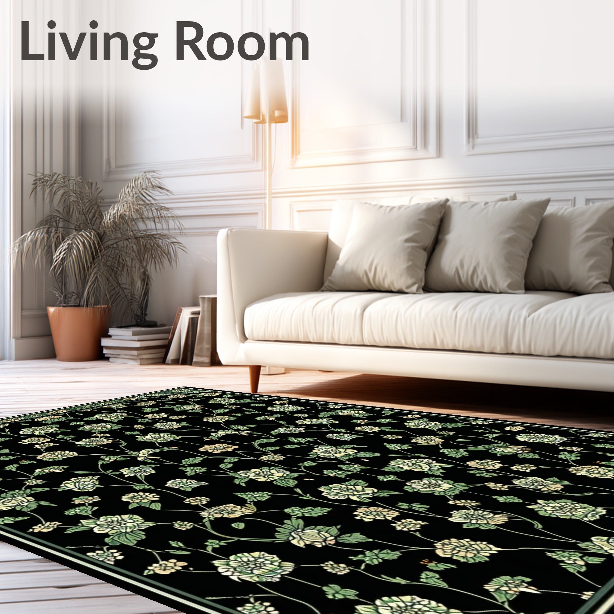 Ornate Black Floral Vine Pattern Rug