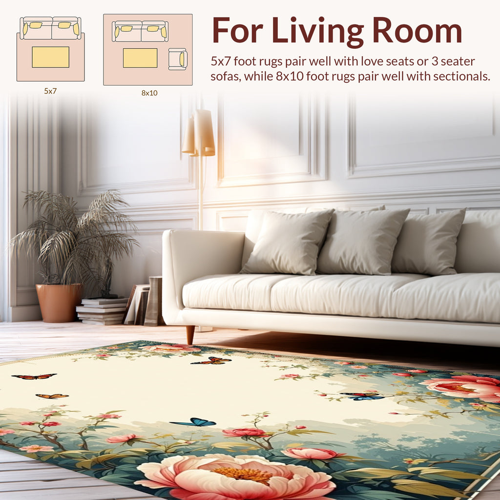 Whimsical Floral Butterfly Scene Rug