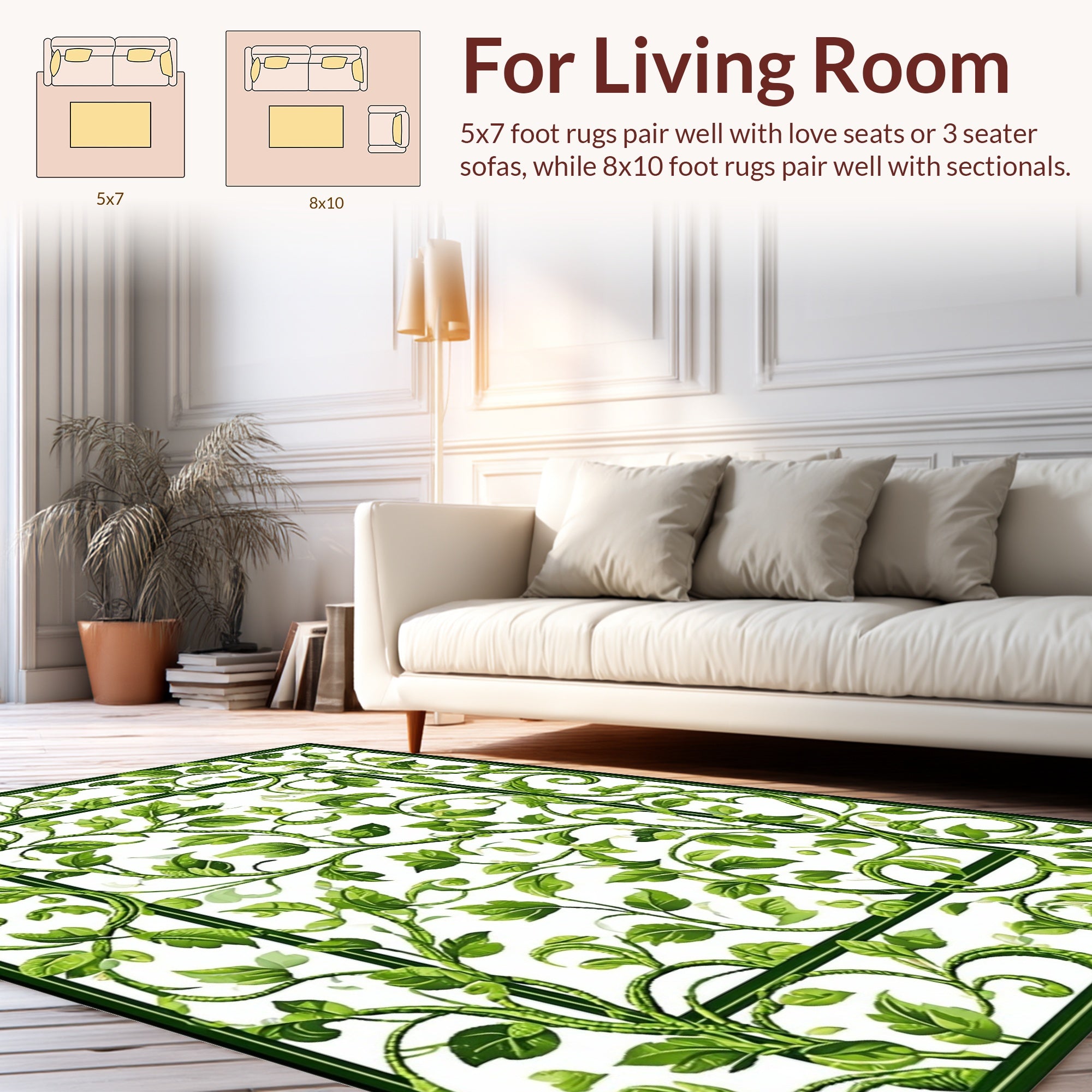 Green Leaf Vine Scroll Pattern Rug