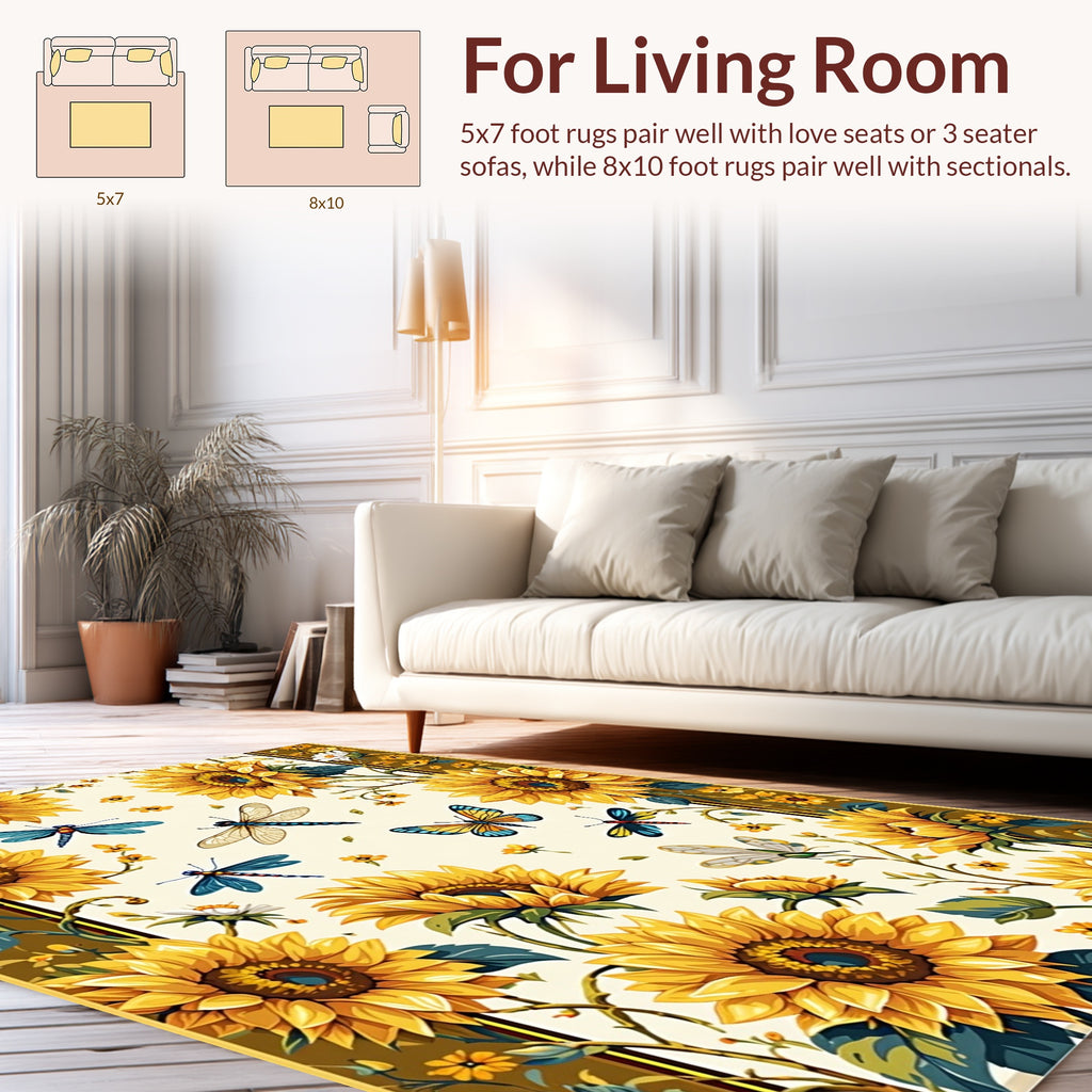 Sunny Sunflower Dragonfly Butterfly Pattern Rug