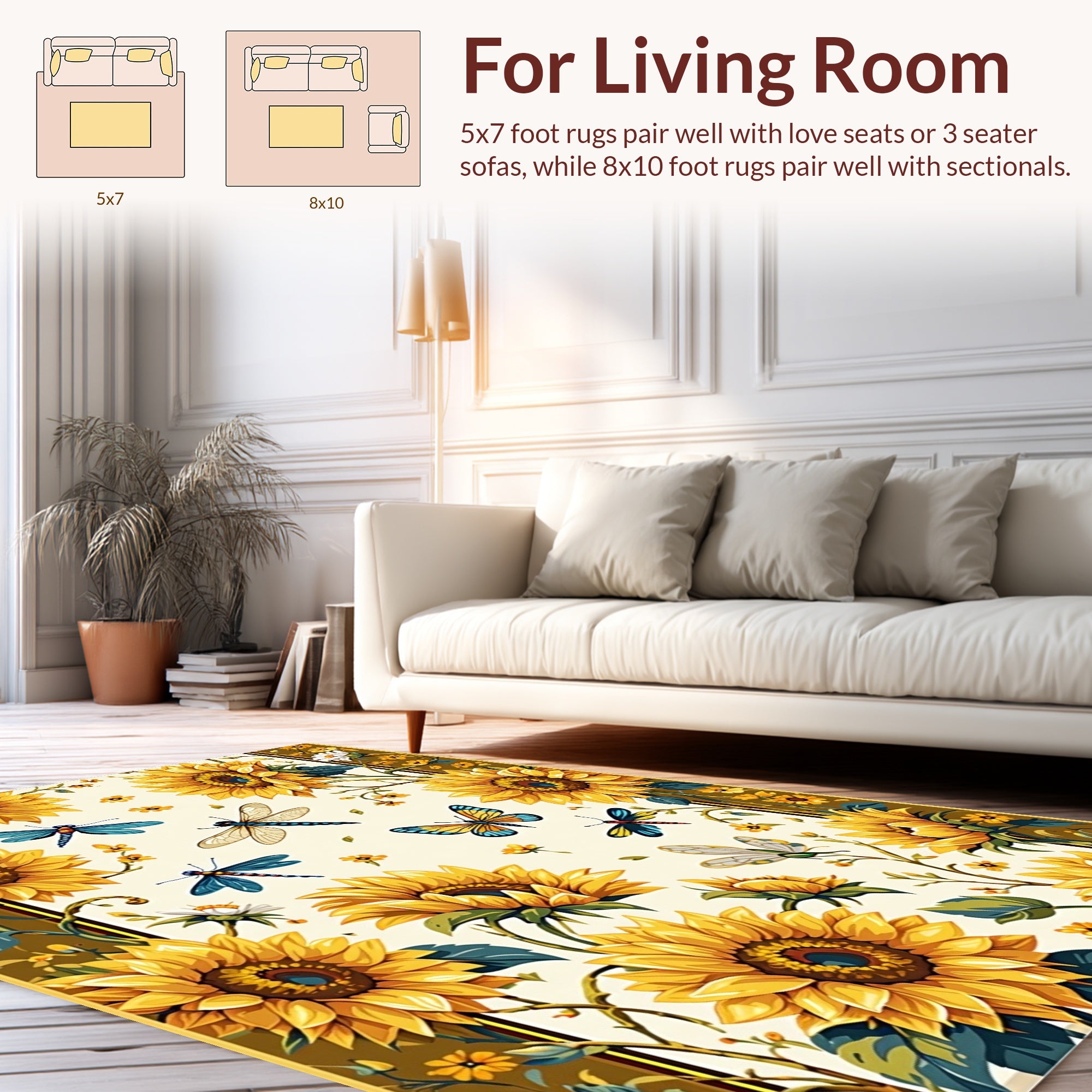 Sunny Sunflower Dragonfly Butterfly Pattern Rug
