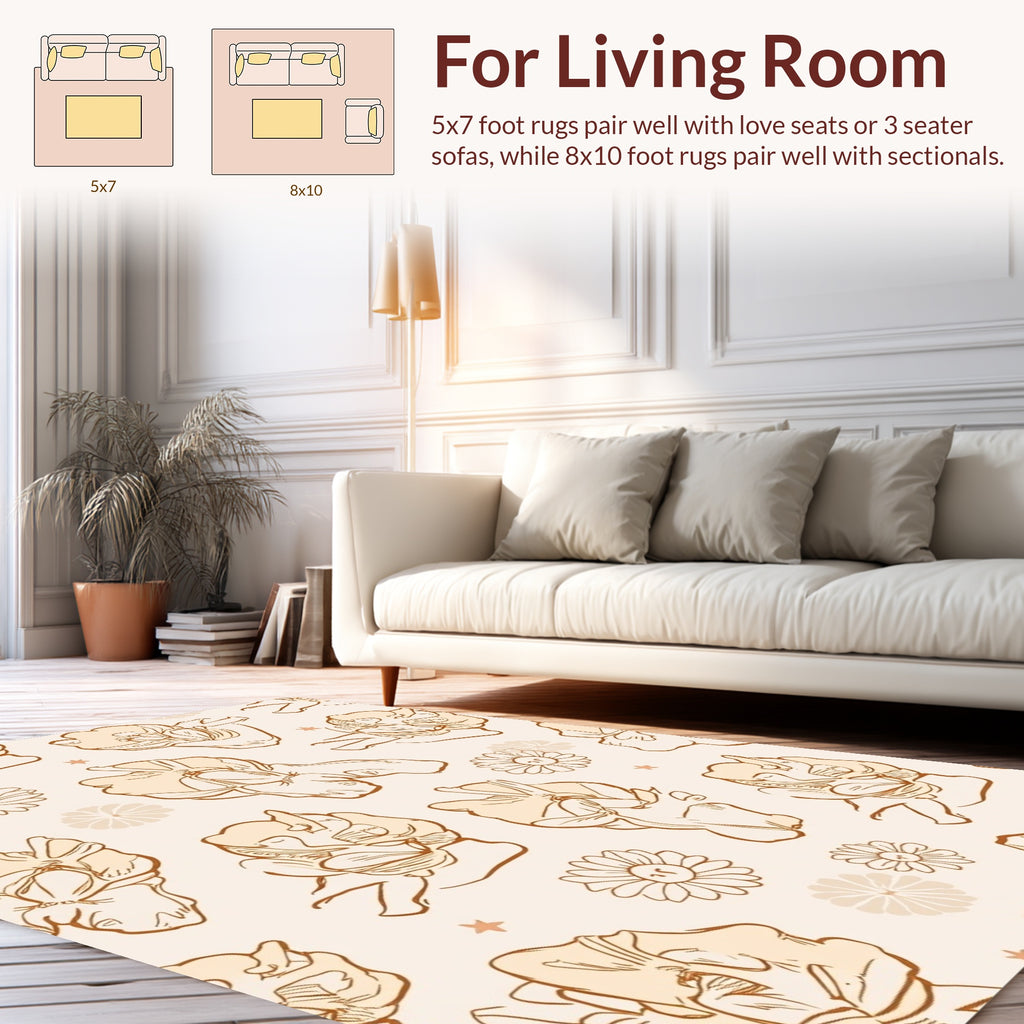 Retro Floral Blossom Line Art Rug
