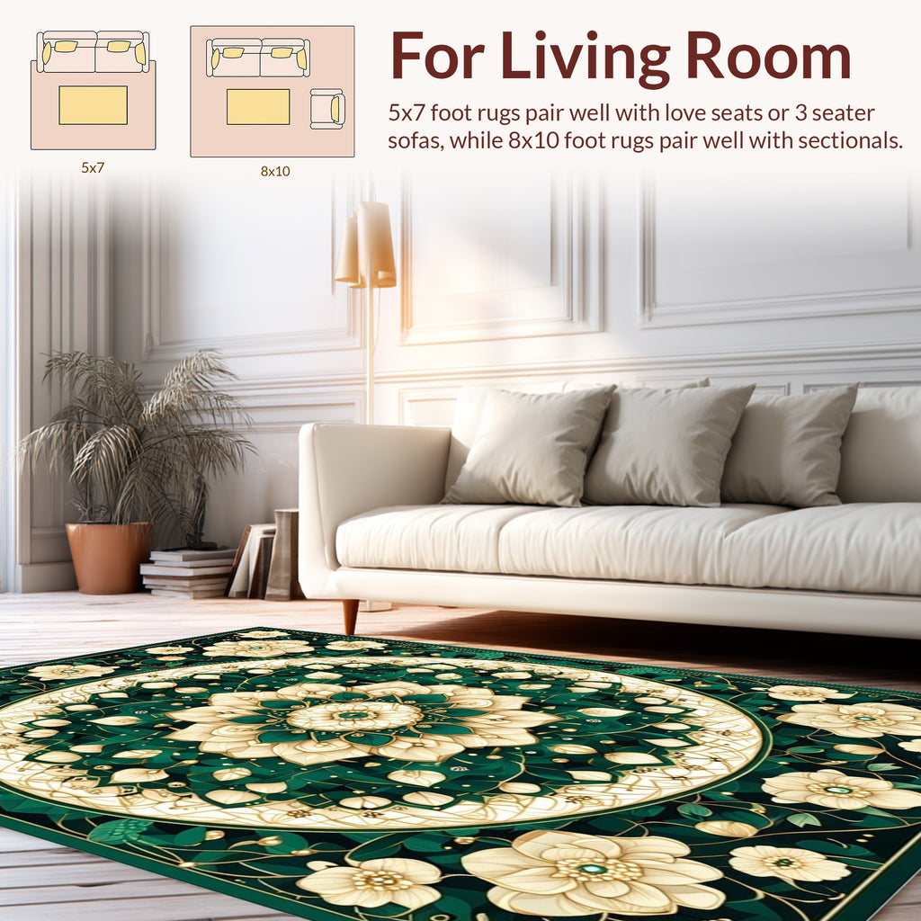 Elegant Emerald Floral Mandala Design Rug