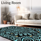 Aqua Floral Medallion Black Border Rug