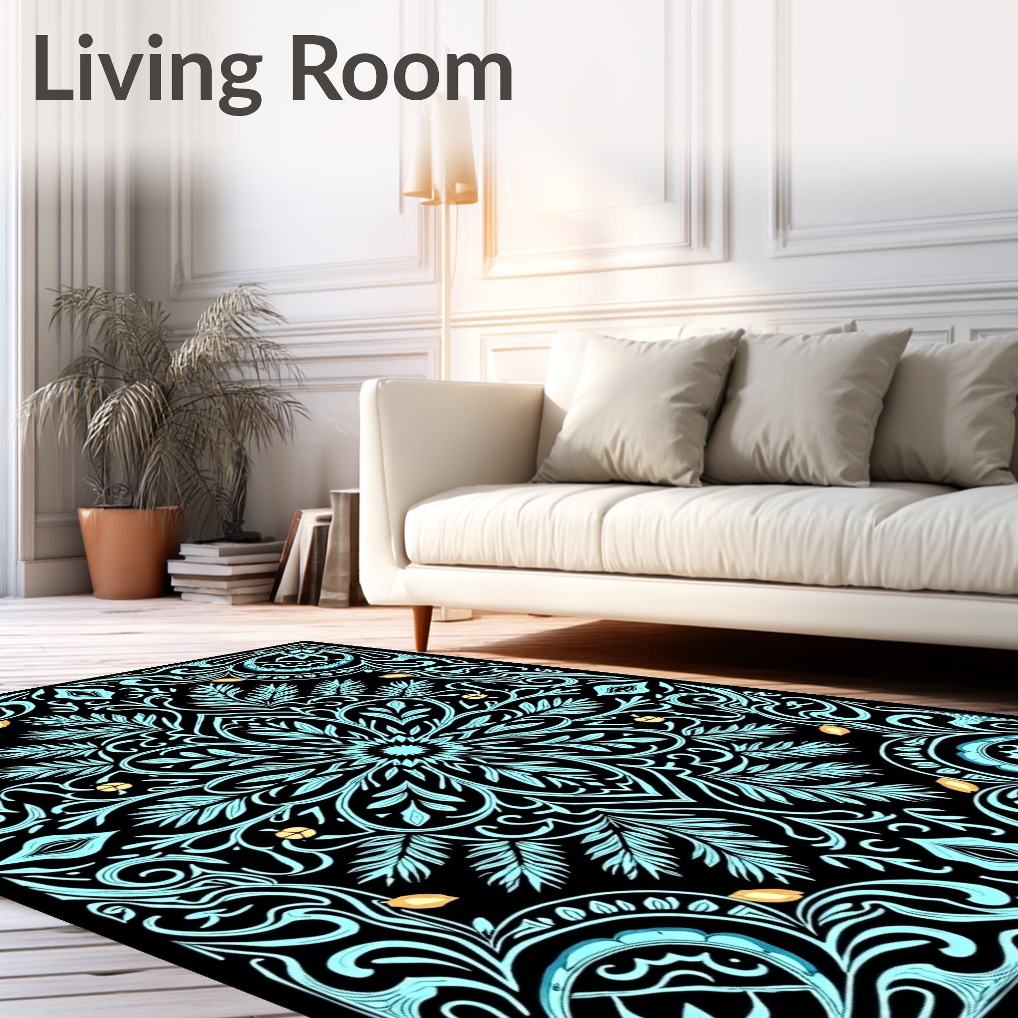 Aqua Floral Medallion Black Border Rug