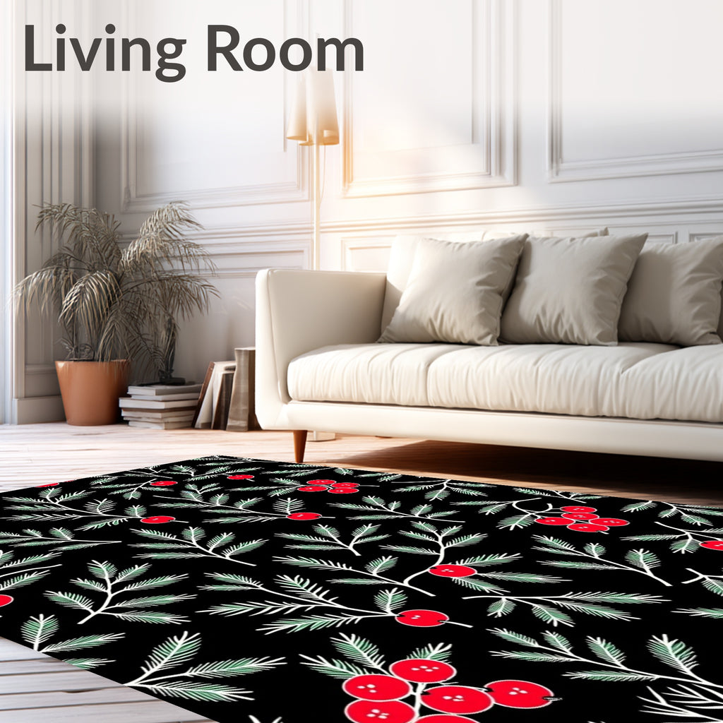 Black Vintage Red Berry Pine Sprigs Rug