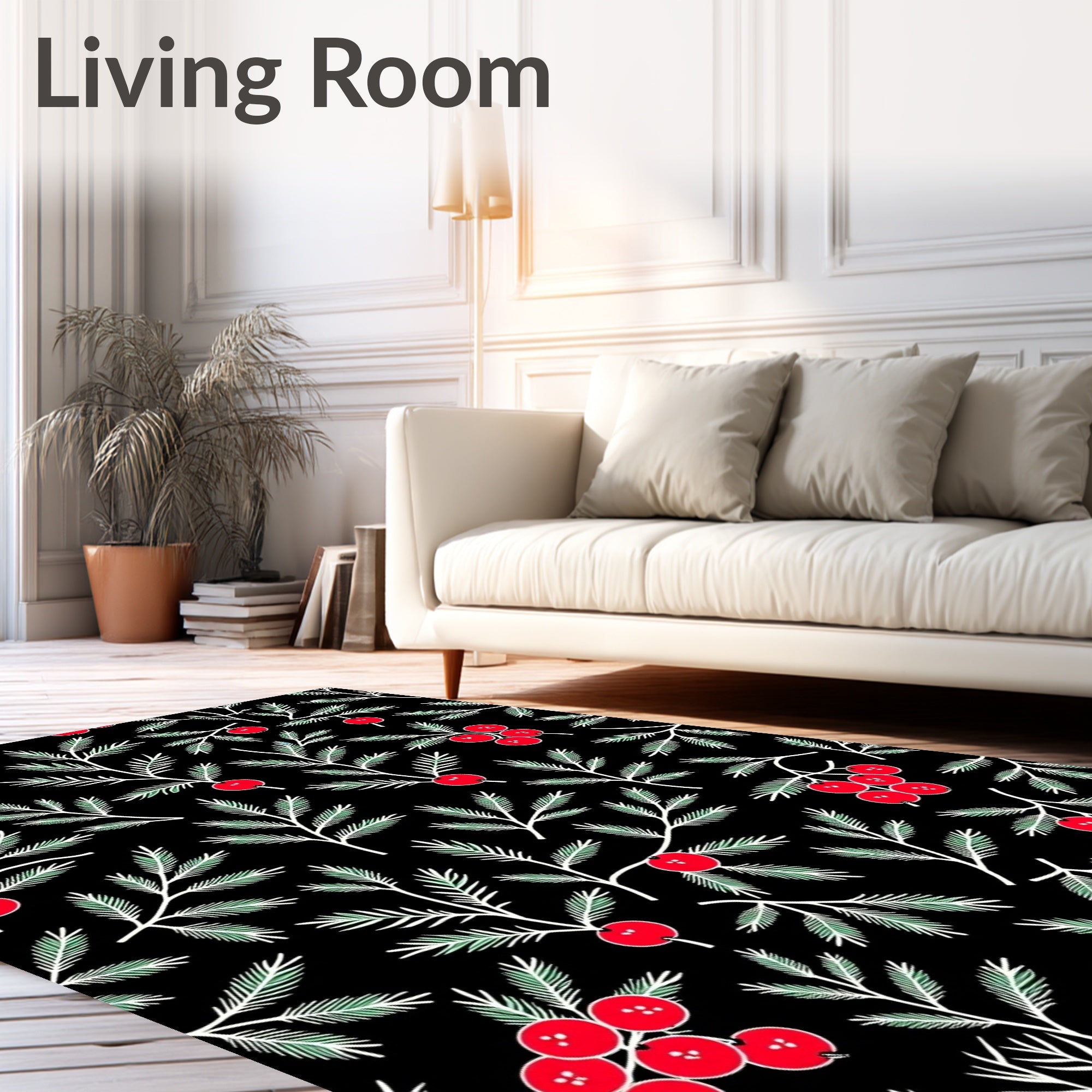 Black Vintage Red Berry Pine Sprigs Rug