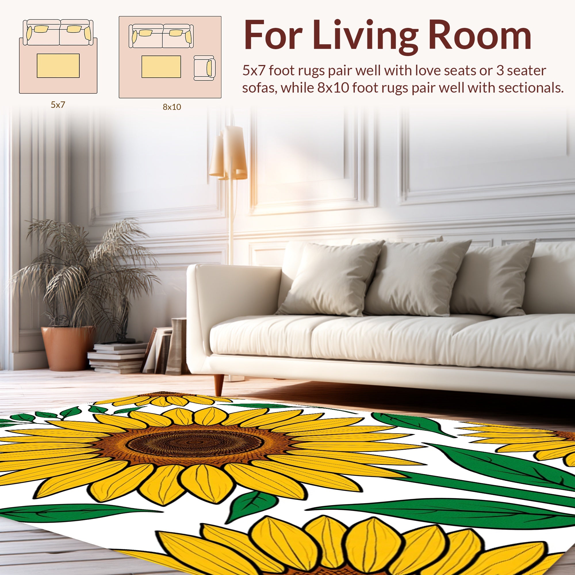 Sunny Yellow Flowers Green Leaves Pattern Rug