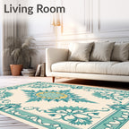Aqua Teal Floral Crest Medallion Rug
