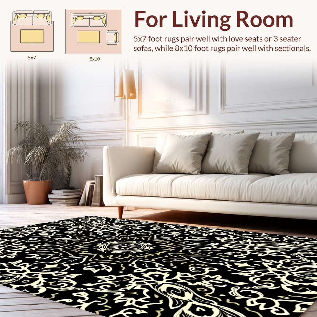 Intricate Floral Mandalas Black and Gold Design Rug