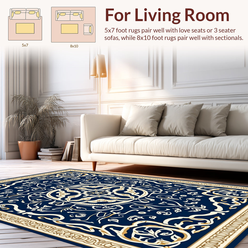 Elegant Blue Gold Floral Mandala Design Rug
