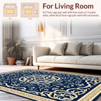 Elegant Blue Gold Floral Mandala Design Rug