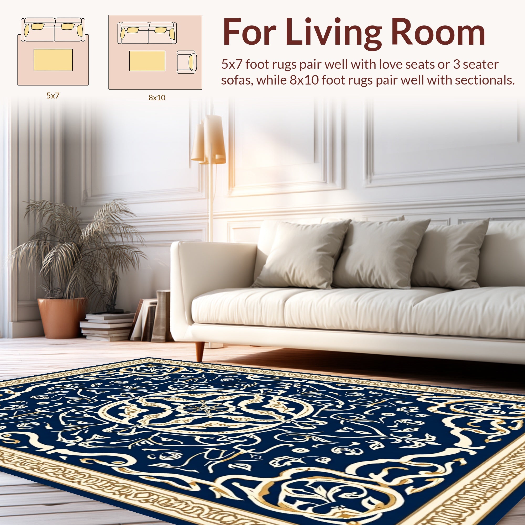 Elegant Blue Gold Floral Mandala Design Rug