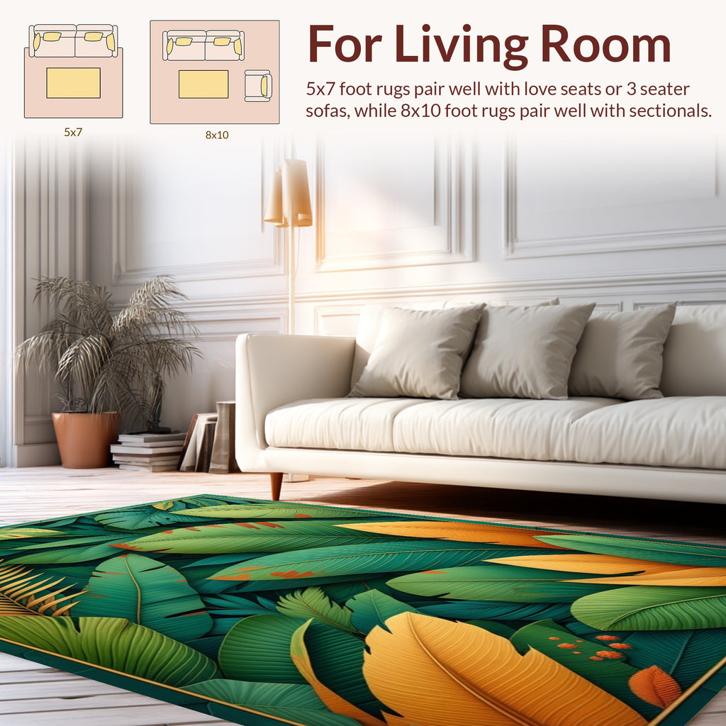 Lush Green Gold Leaf Pattern Rug