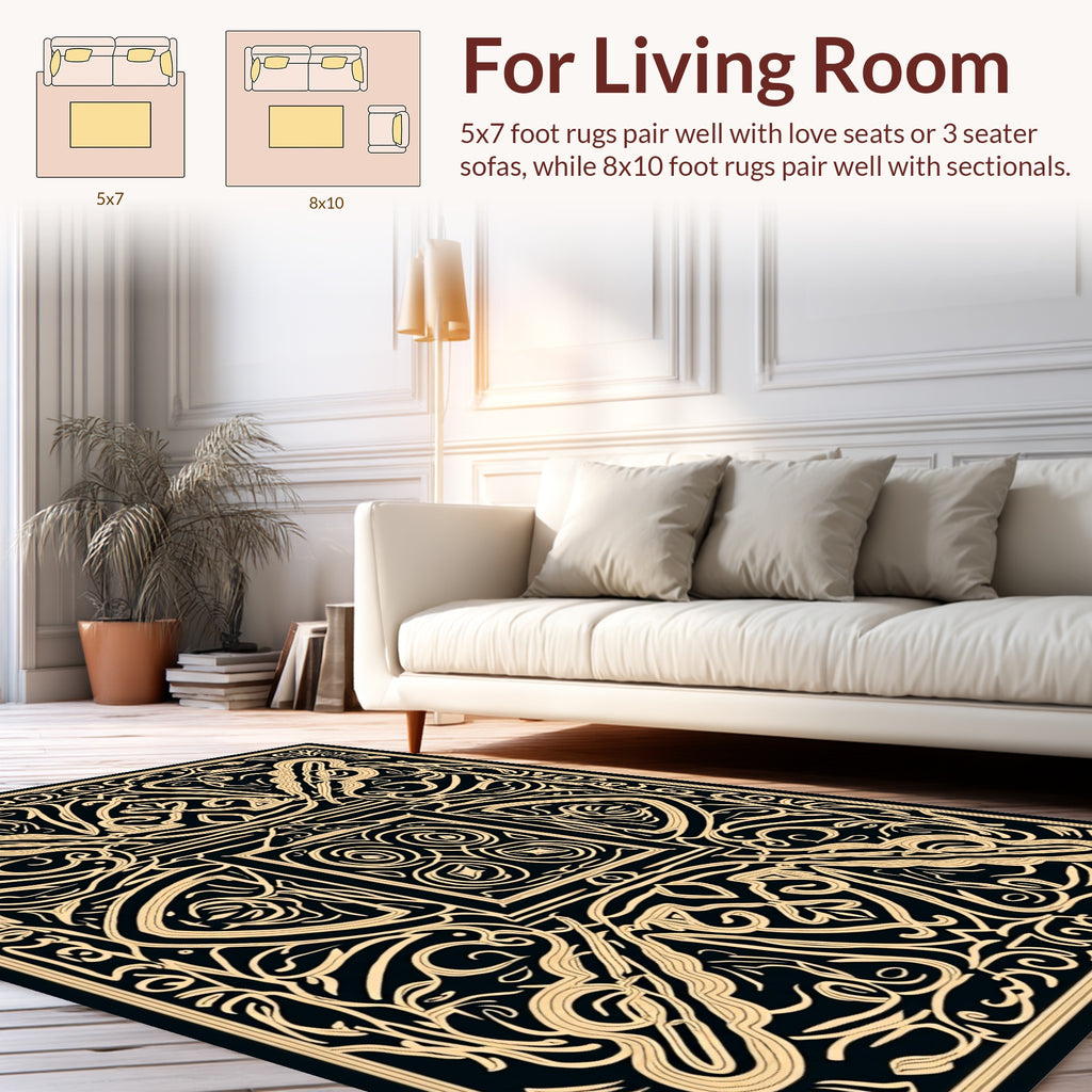 Elegant Black and Gold Intricate Design Rug