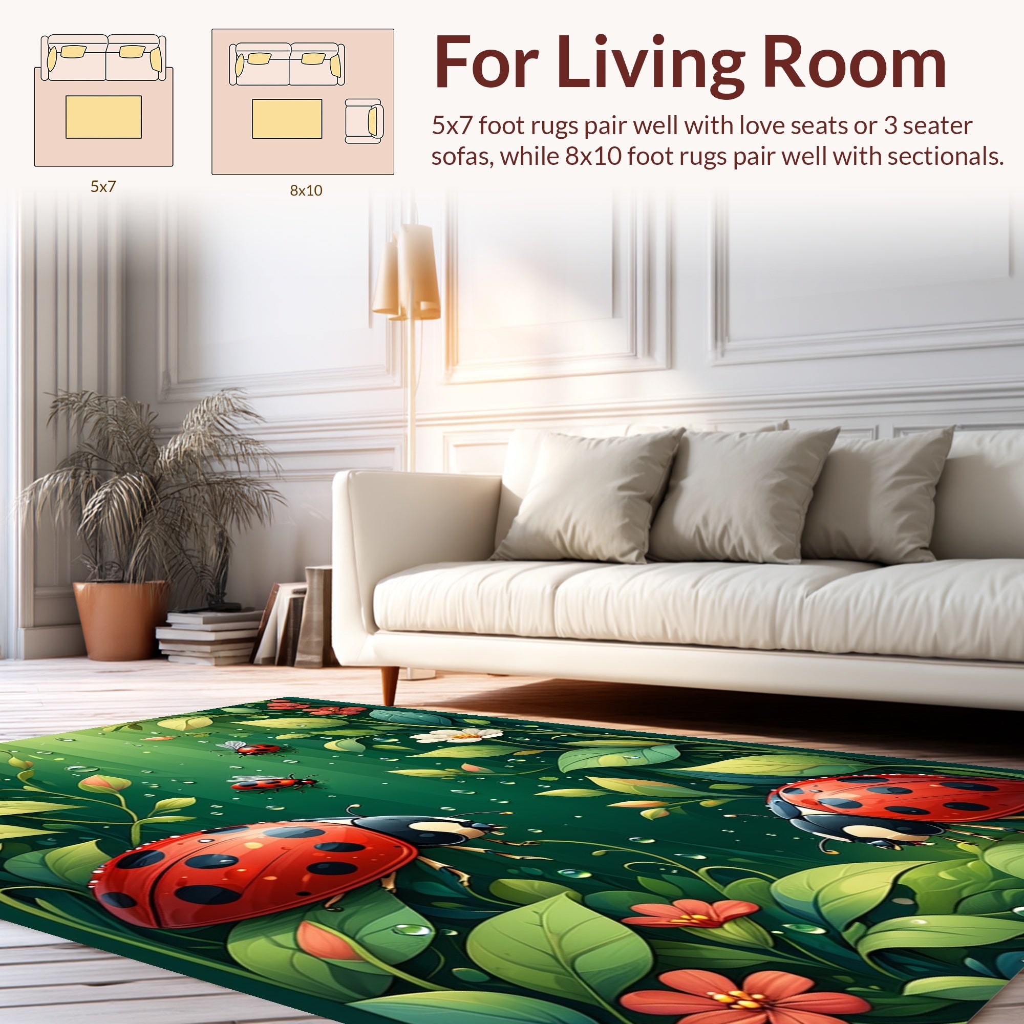 Whimsical Ladybugs Floral Garden Pattern Rug