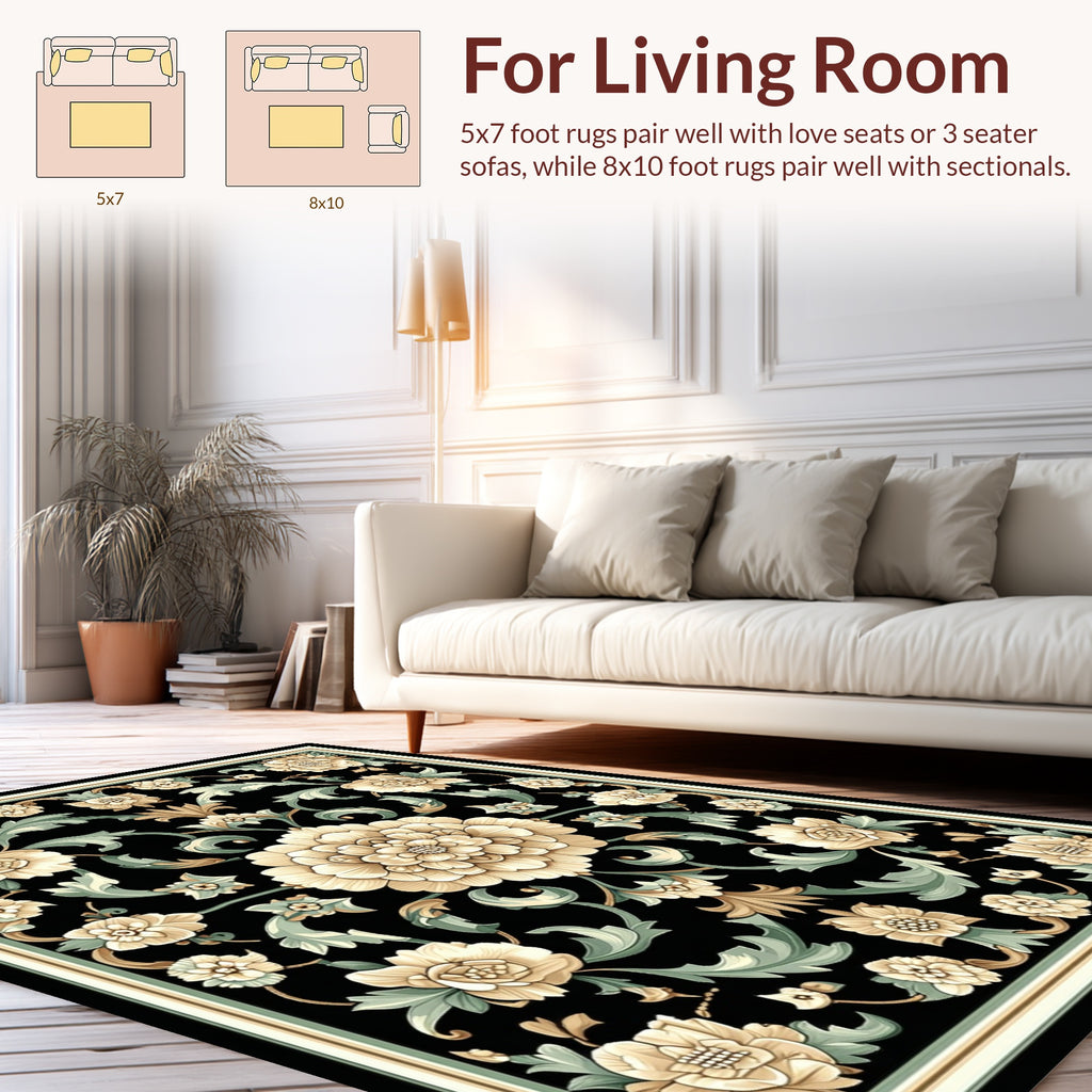 Classic Floral Swirls Beige and Green Rug