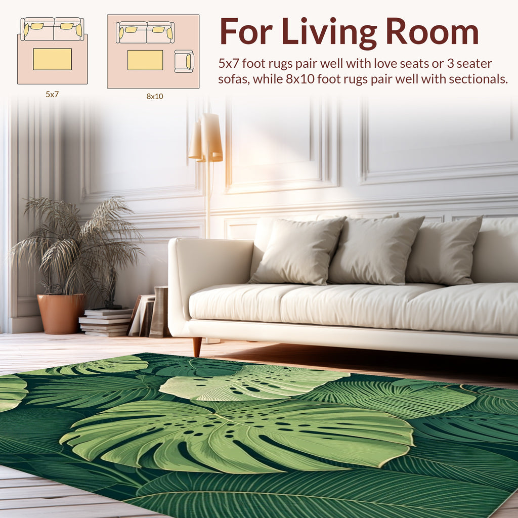 Lush Green Tropical Leaf Pattern Rug