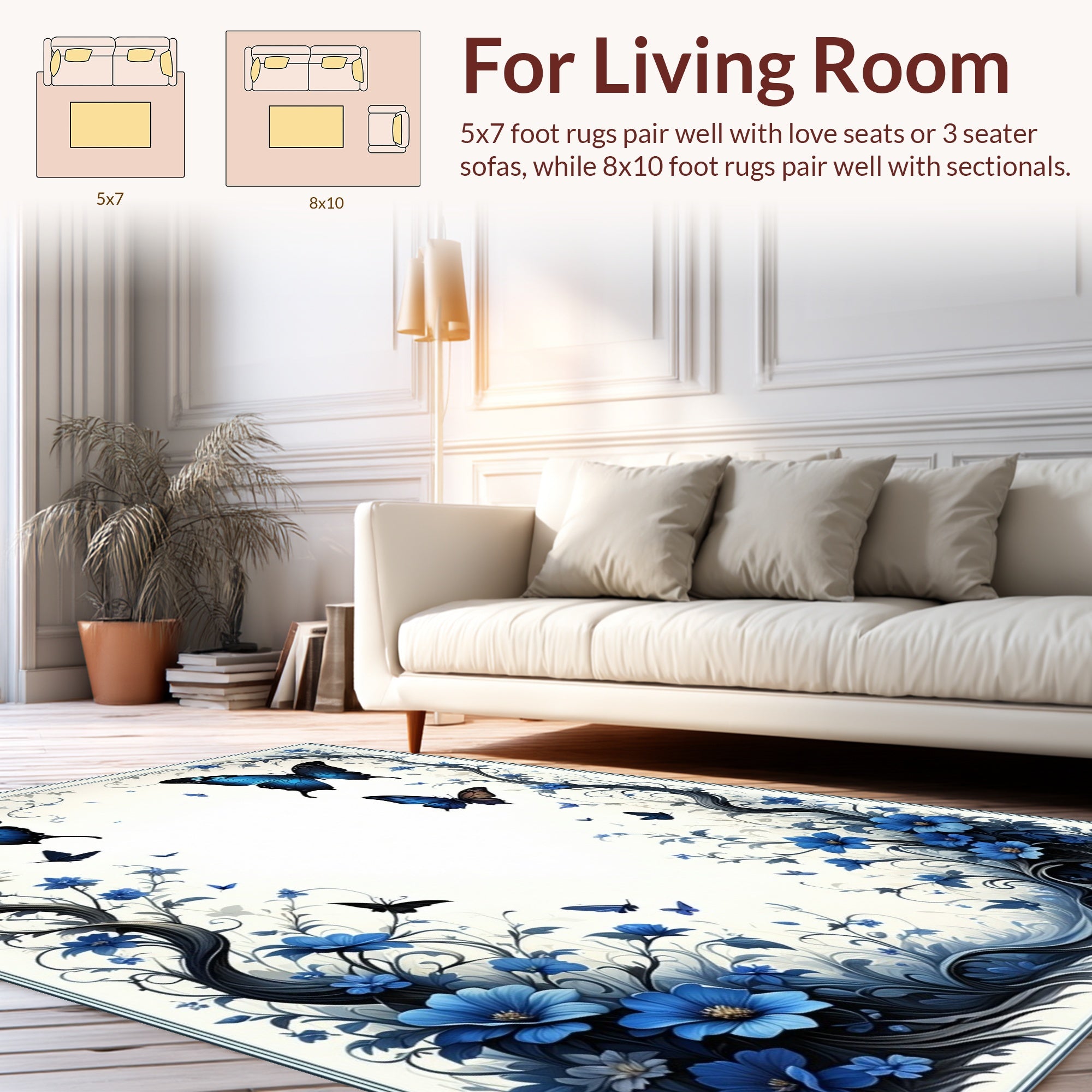 Blue Butterfly Floral Pattern Design Rug