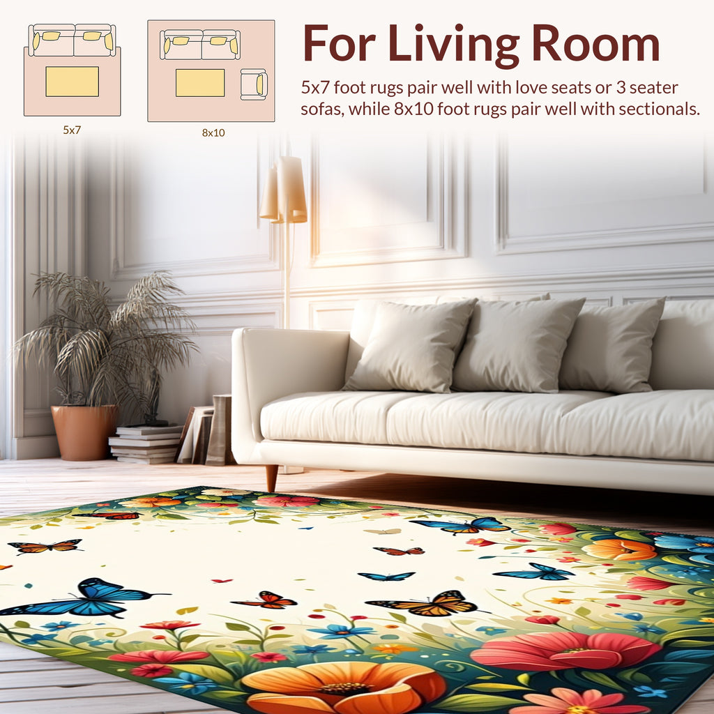 Vibrant Butterflies Flowers Whimsical Meadow Rug