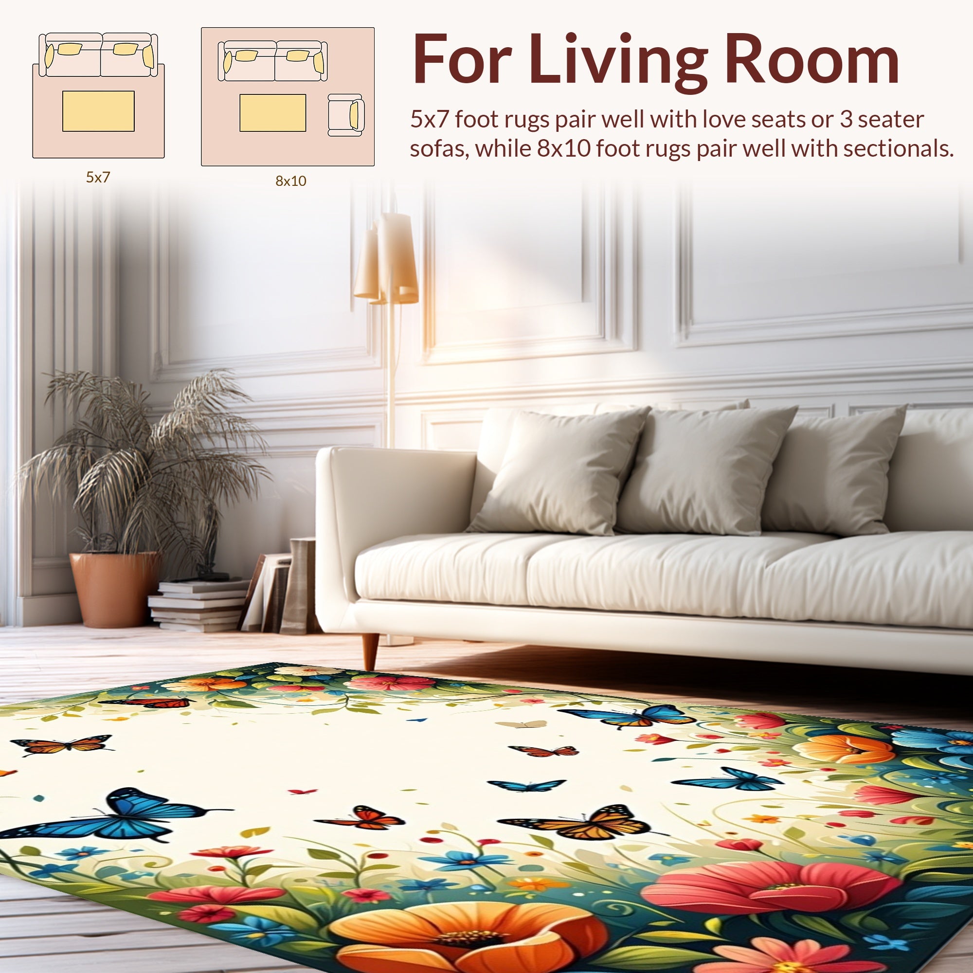 Vibrant Butterflies Flowers Whimsical Meadow Rug