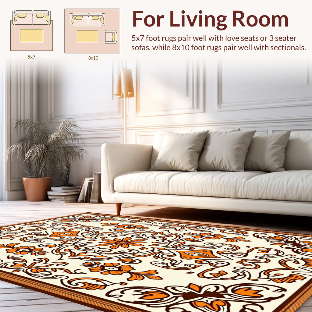 Orange Floral Scrollwork Symmetry Rug