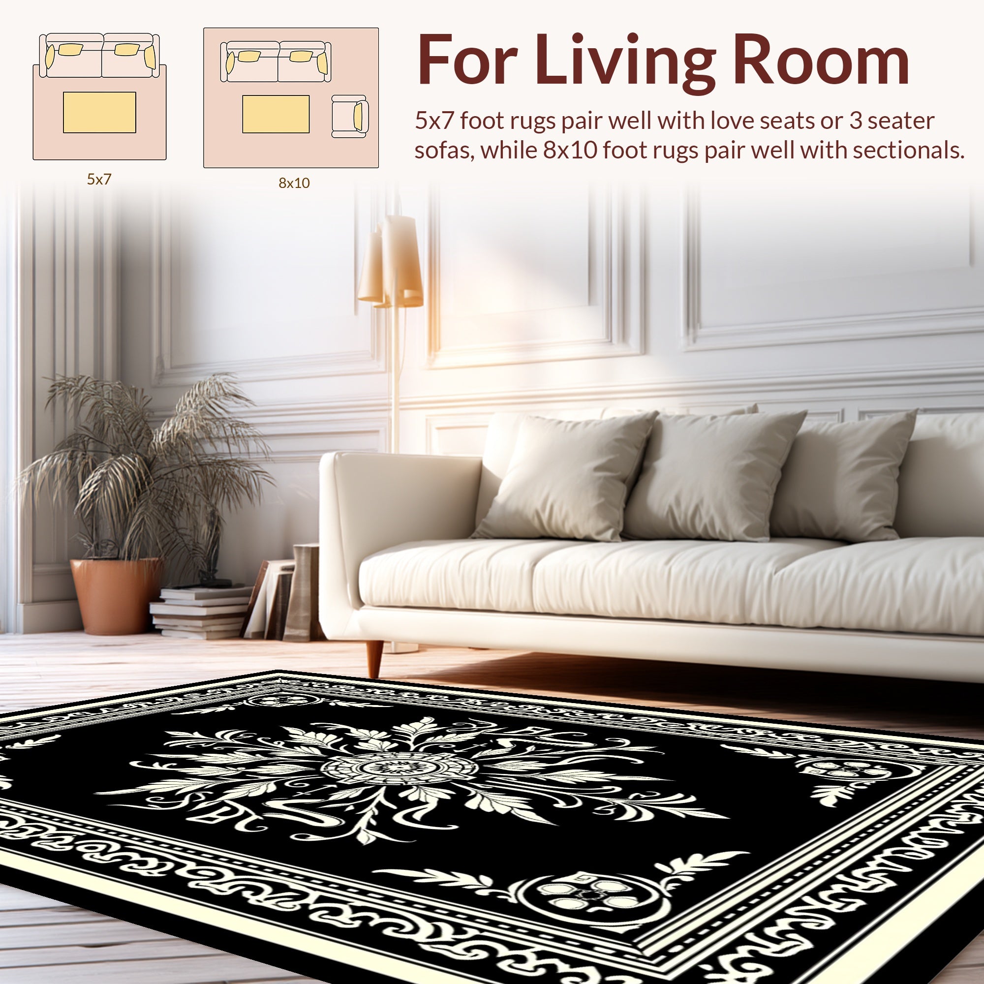 Ornate Black and Cream Floral Design Rug