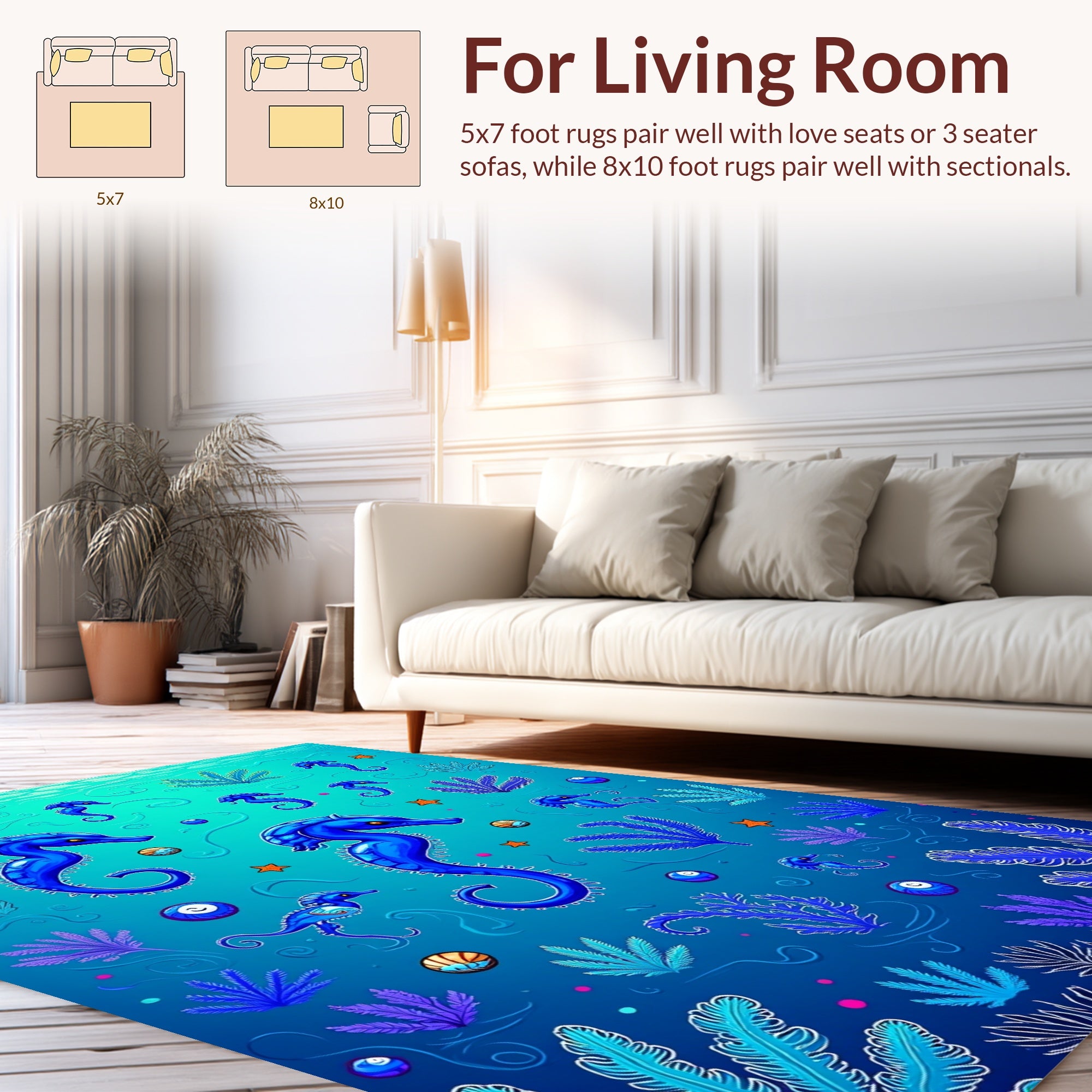 Blue Seahorse Underwater Marine Life Design Rug