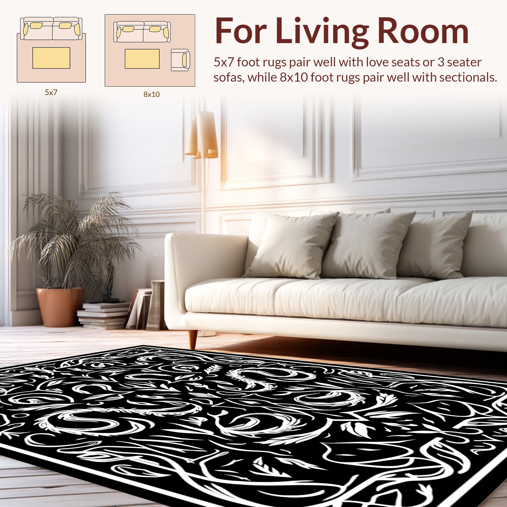 Intricate Black White Floral Patterned Rug