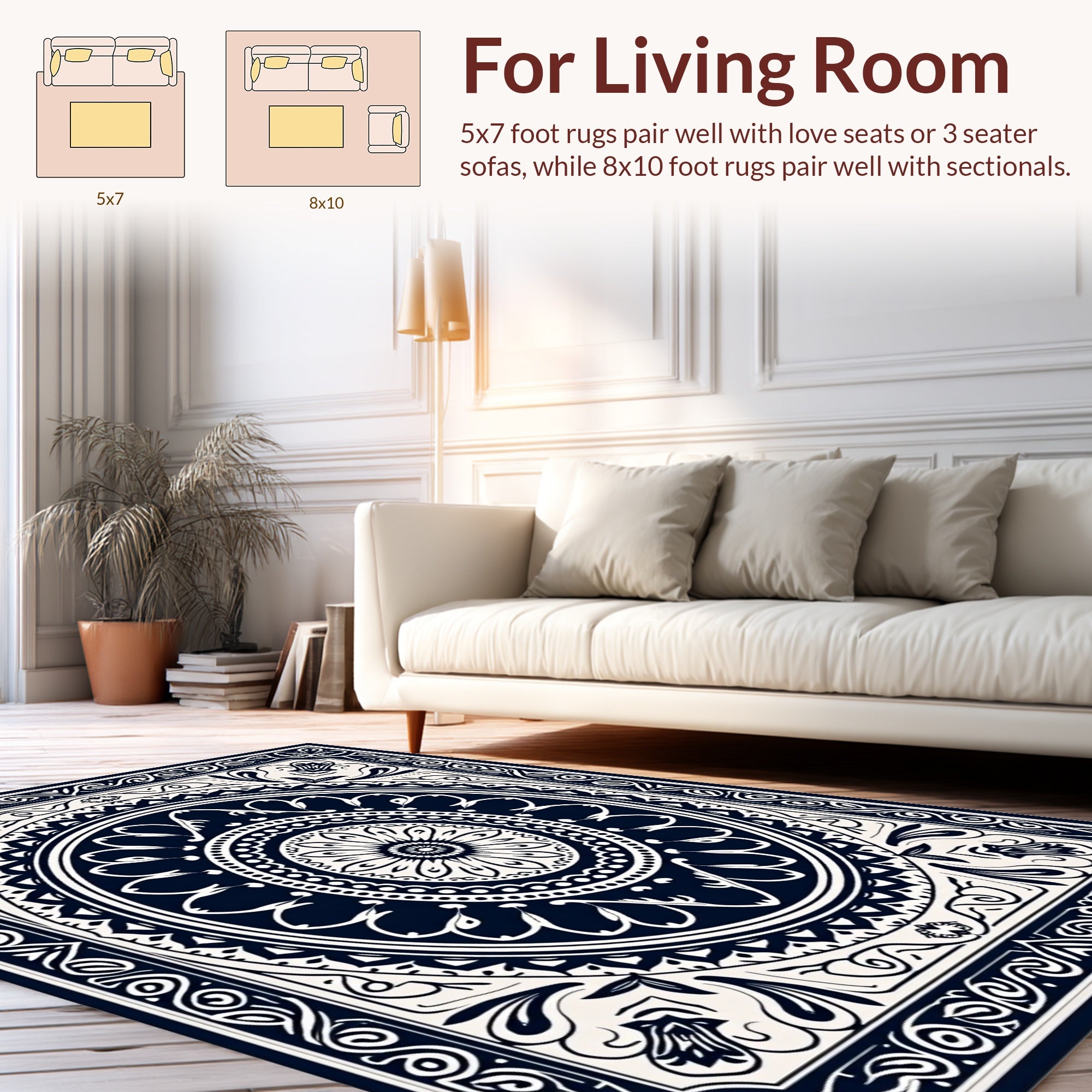 Intricate Black and White Floral Medallion Design Rug