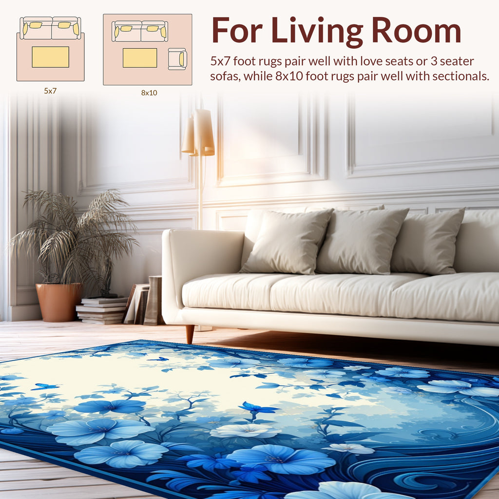 Enchanted Blue Floral Butterfly Tapestry Rug