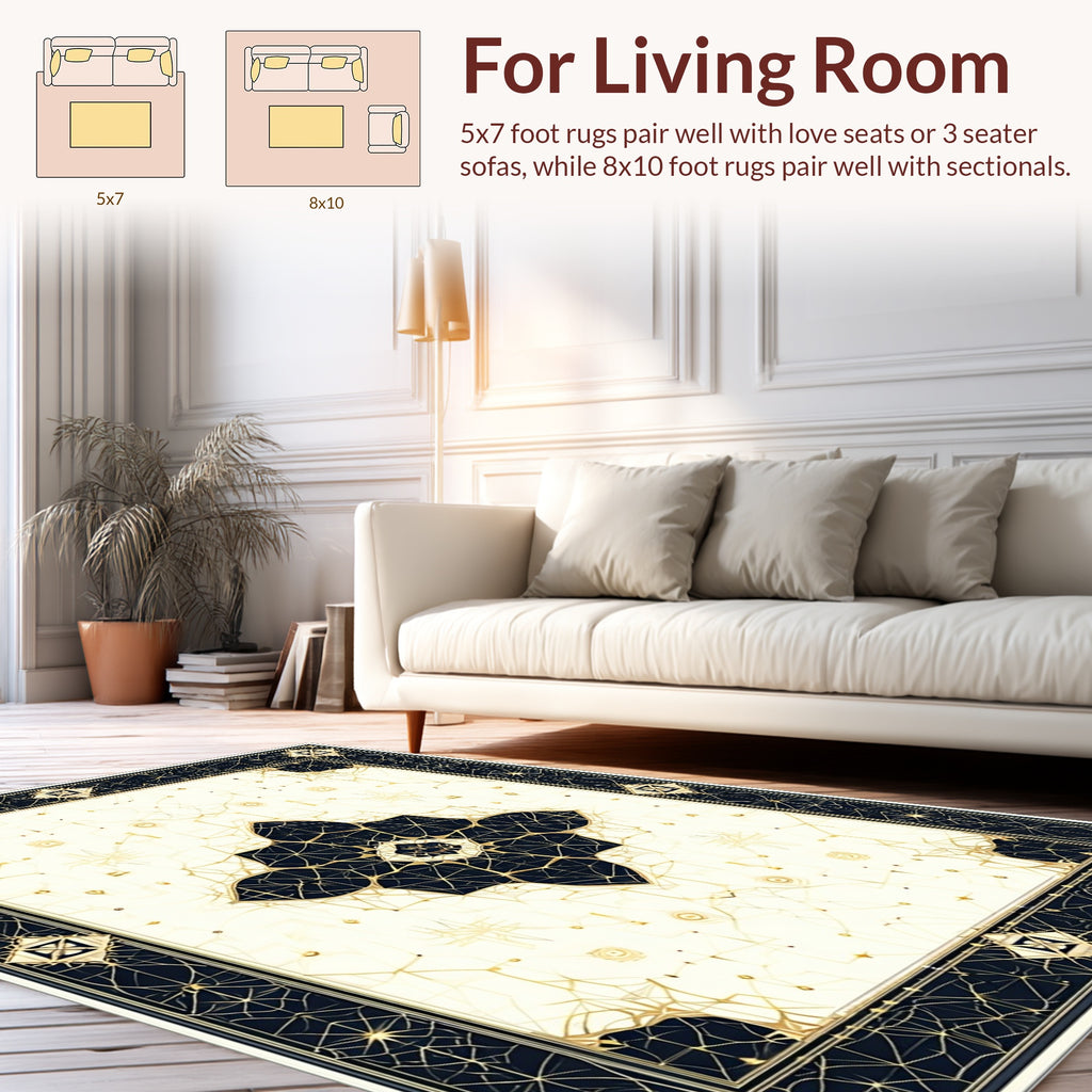Ornate Black Gold Geometric Pattern Rug