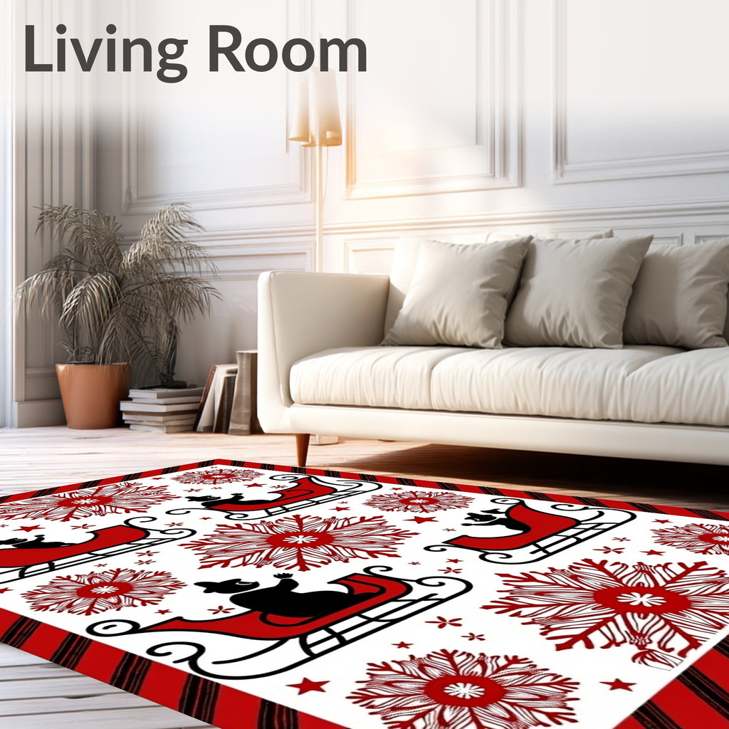 Red Sleigh Snowflakes Winter Border Rug
