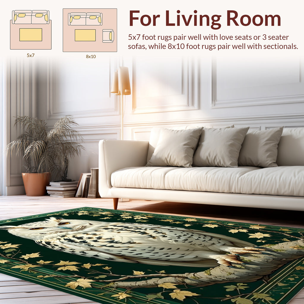 Majestic White Owl In Green Floral Border Rug