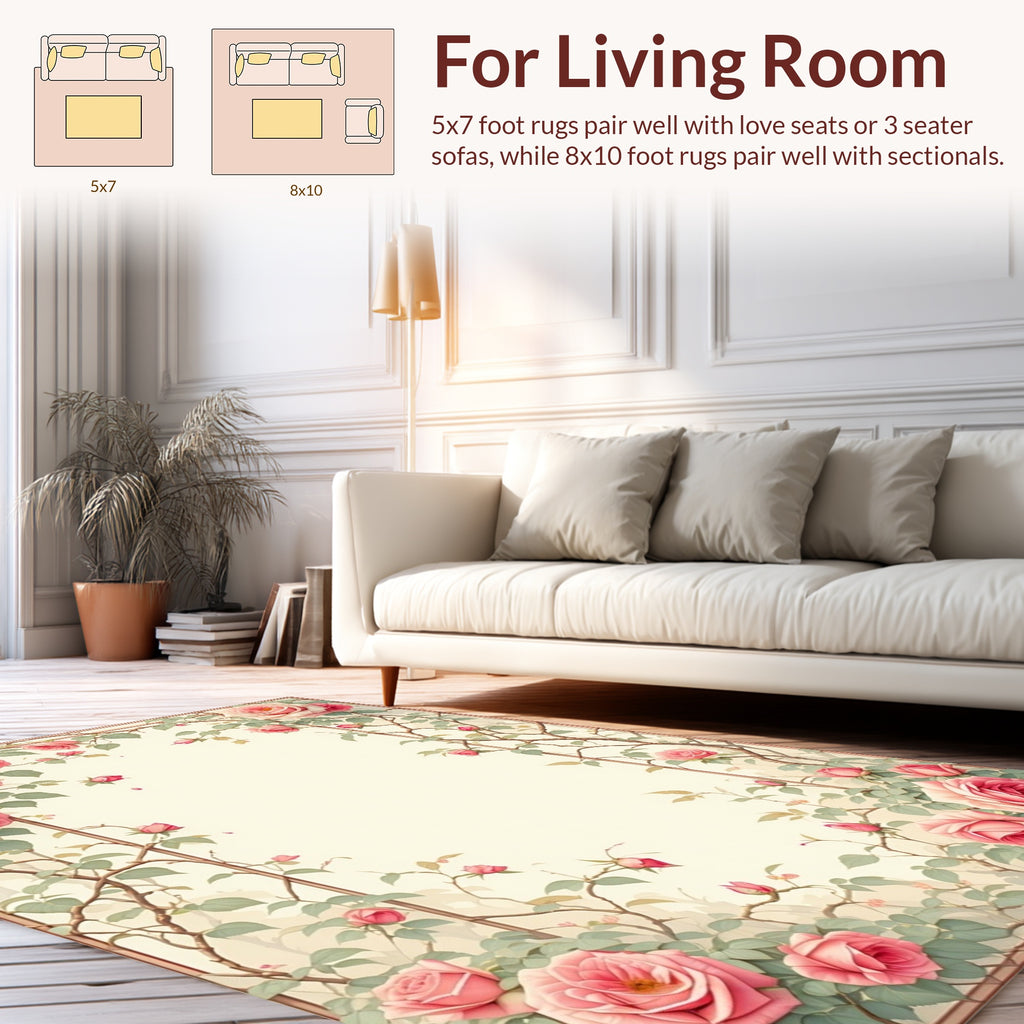 Pink Roses Vine Botanical Frame Rug