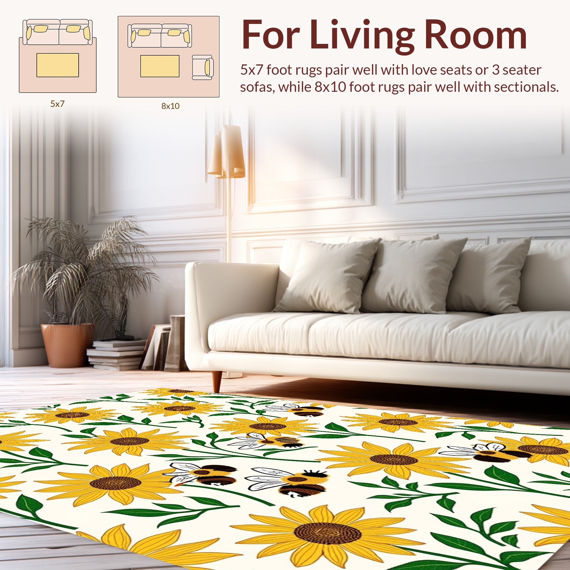 Bright Yellow Sunflowers and 3D Bees Rug