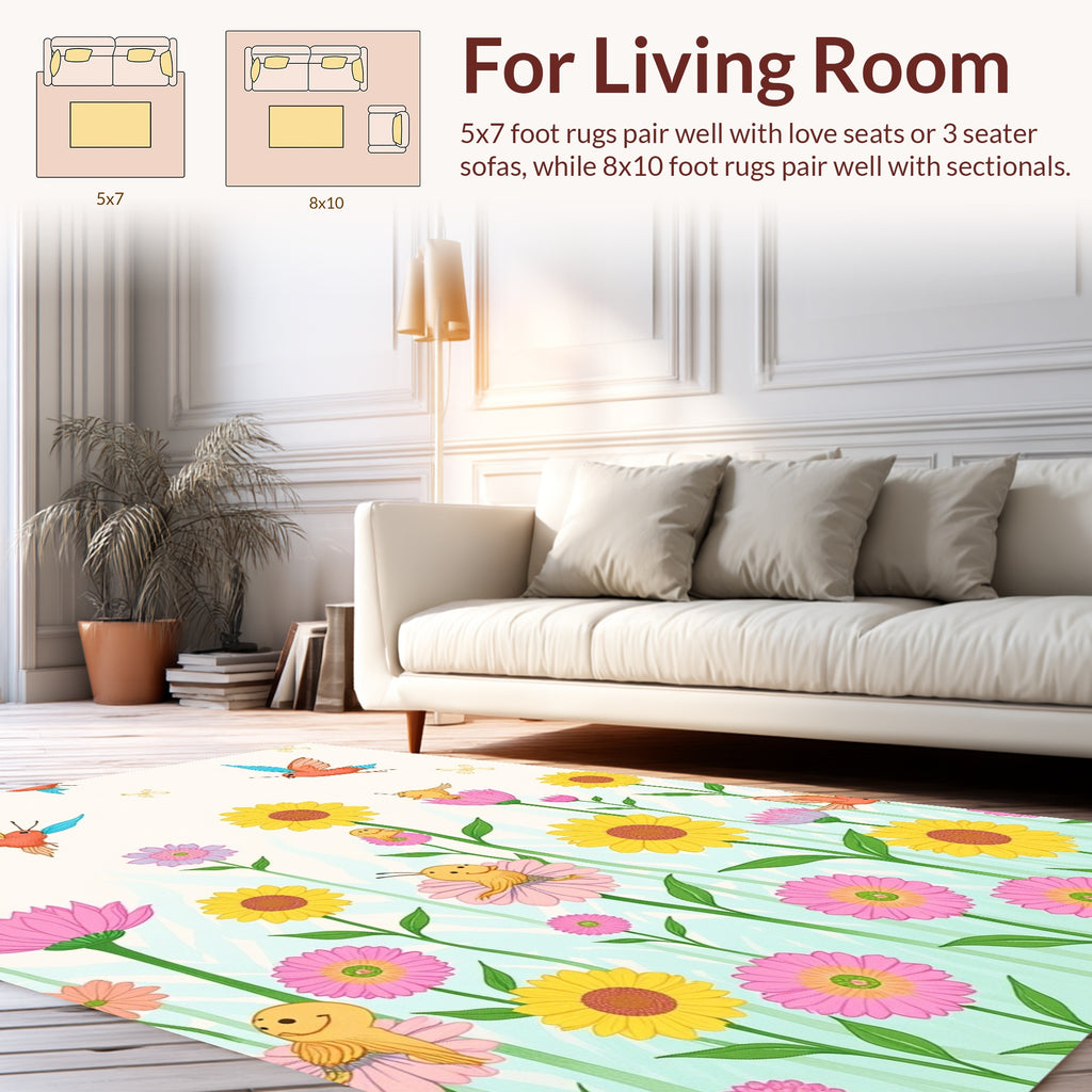 Whimsical Flying Birds Flower Garden Design Rug