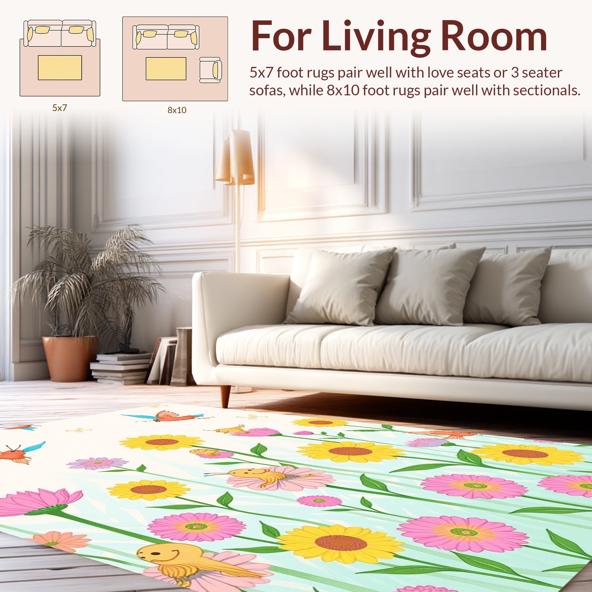 Whimsical Flying Birds Flower Garden Design Rug