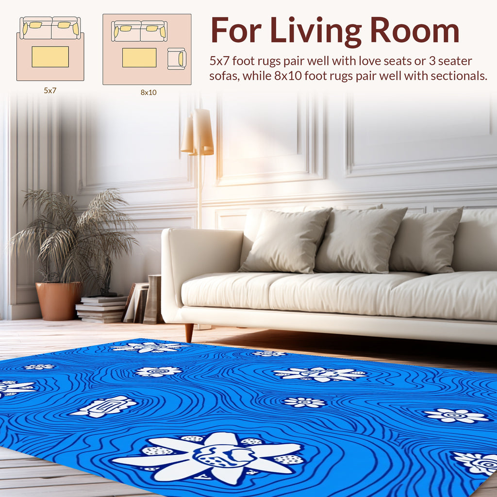 Whimsical White Flowers On Blue Swirls Rug