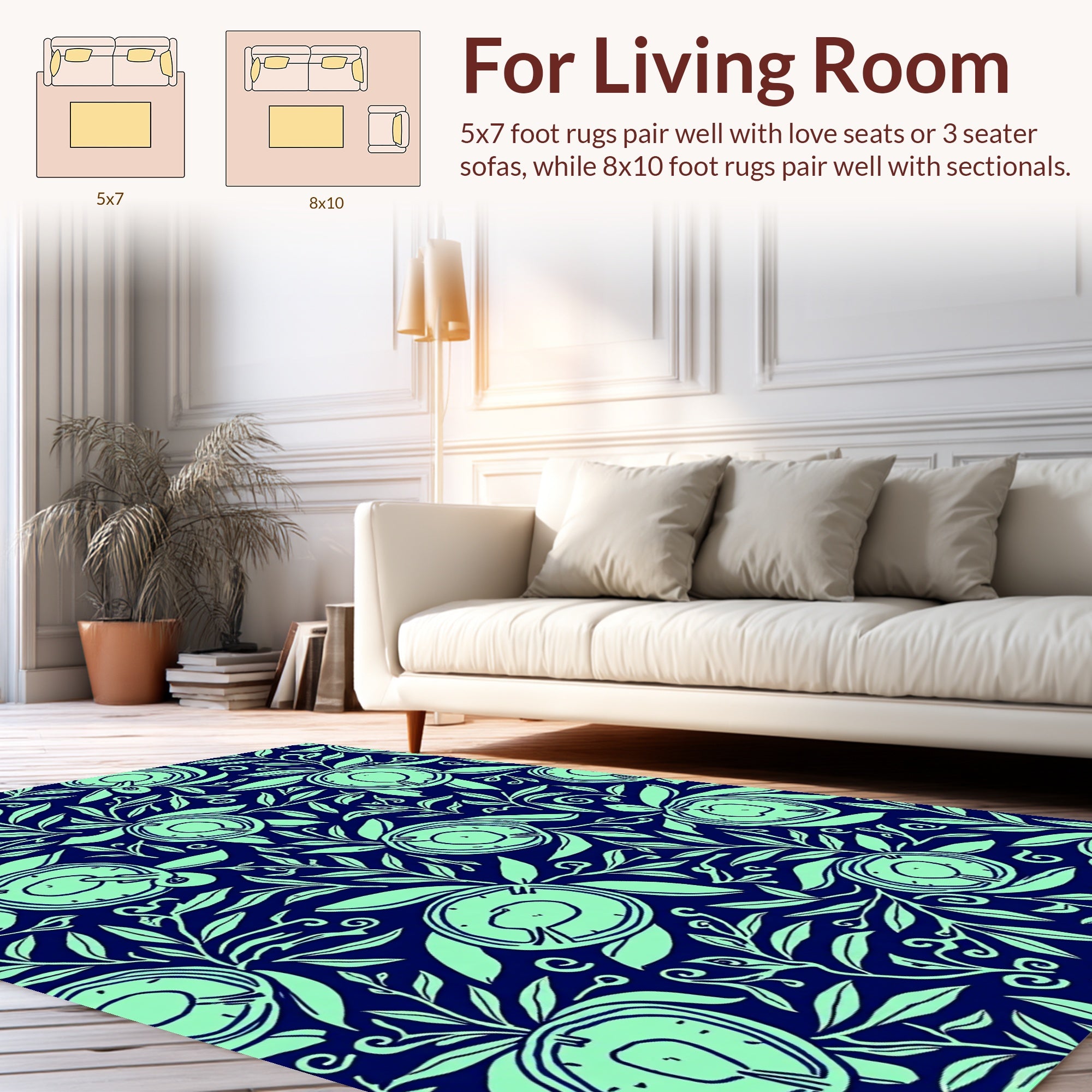 Dark Navy Mint Fruit And Leaf Pattern Rug