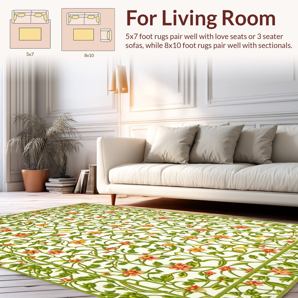 Vibrant Coral Green Floral Vine Pattern Rug