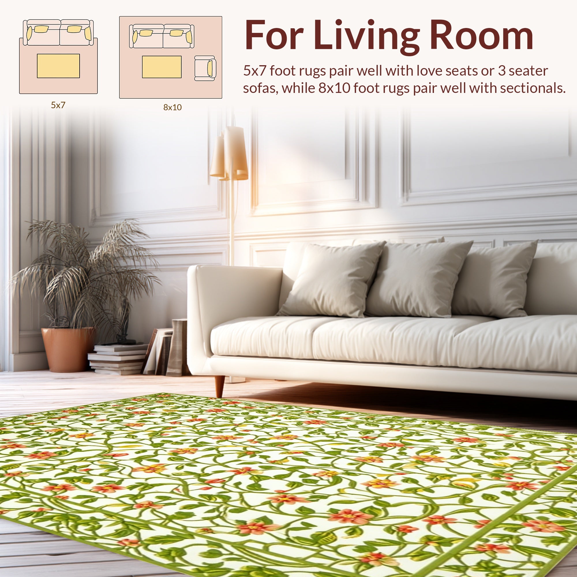 Vibrant Coral Green Floral Vine Pattern Rug