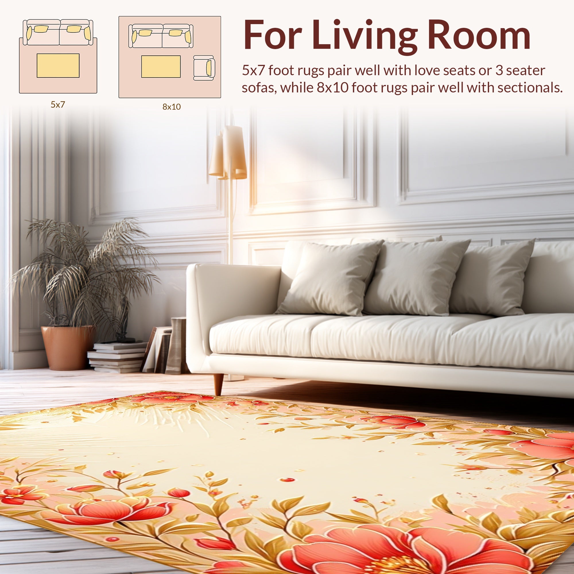 Elegant Coral And Gold Floral Design Rug