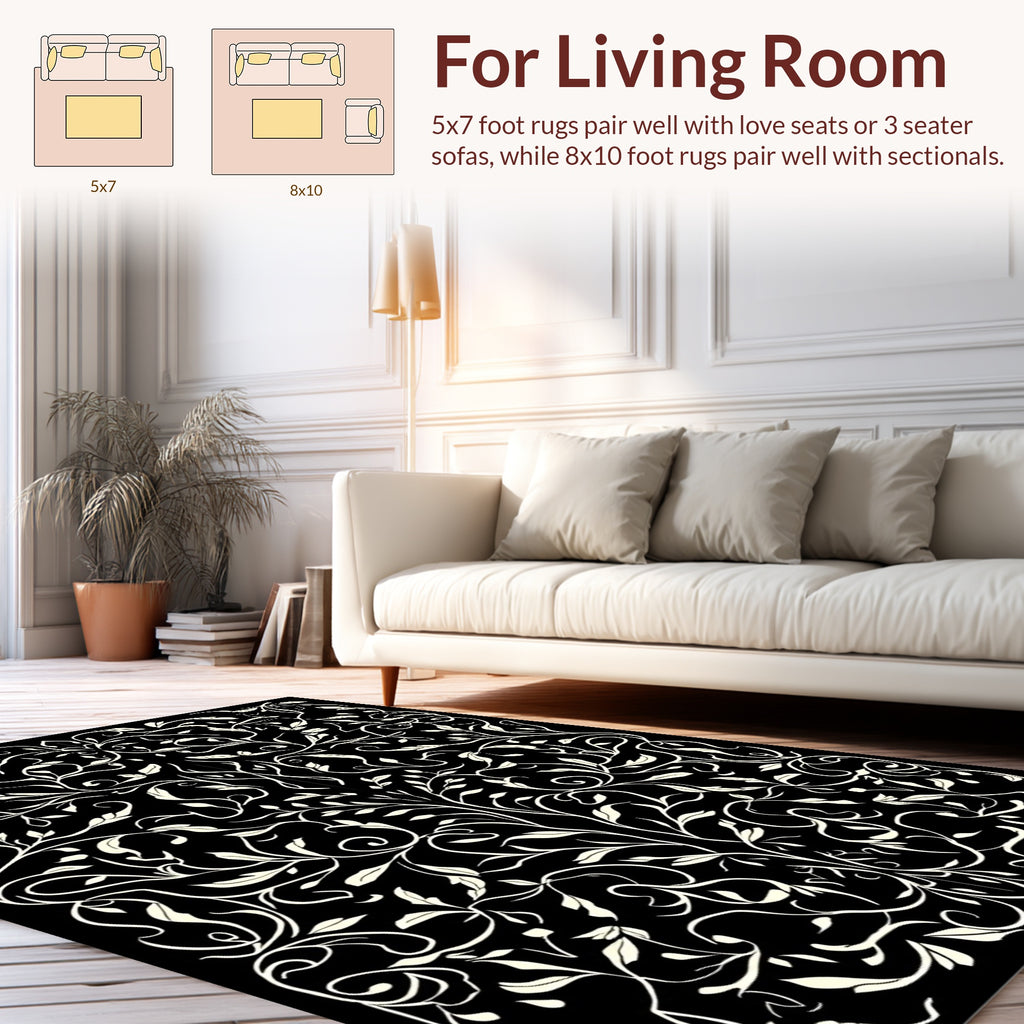 Ornate Black and White Floral Vines Rug